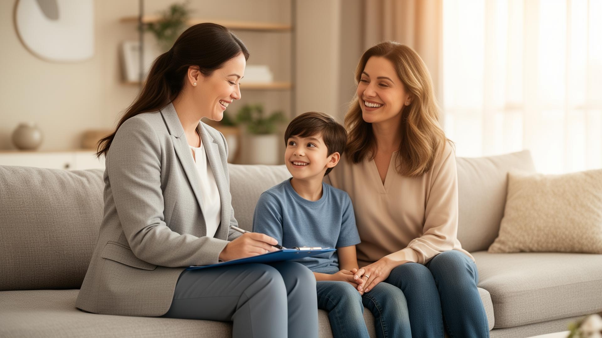 A friendly clinician meeting with a mother and her young son during an assessment consultation