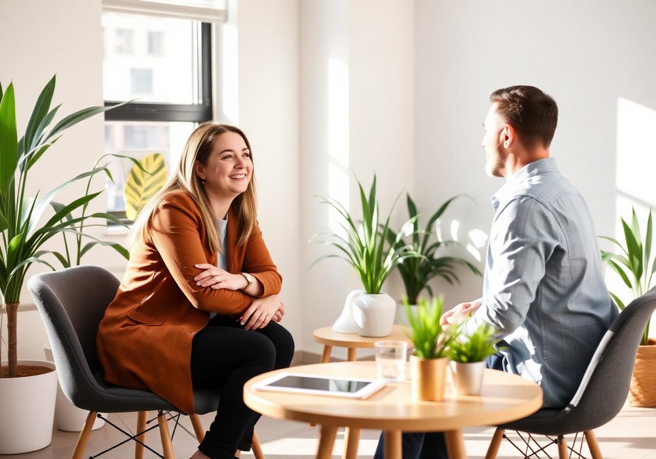 A counsellor having a warm, supportive conversation with a young adult